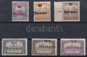 Baranya I. 1919 6 db bélyeg, közte elcsúszott felülnyomatok  Signed: Bodor