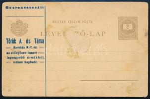 1896 Millenniumi díjjegyes levelezőlap Török A. és Társa felülnyomással (nagy horzsolás nyom)