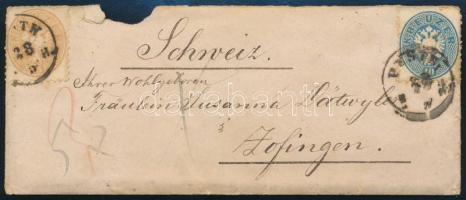1865 10kr + 15kr díjlerovás Svájcba küldött borítékon "PESTH" - "WIEN" - "ZOFINGEN"