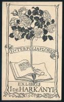 Végh Gyula (1870-1951): Ex libris I. de Harkányi, 1901 (szecessziós könyvjegy. Klisényomat, papír, jelzett a nyomaton, hátoldalán apró felületi sérülésekkel. 9,5x6 cm