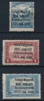 Nyugat-Magyarország I. 1921 3 db bélyeg, 25f sérült, falcos képoldal / 25f damaged, hinged front Signed: Bodor