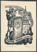 Várkonyi Károly (1910-2001): Ex libris Keresi Ferenc, 1984. Fametszet, papír, jelzett, próbanyomat. Kartonra kasírozva. 10x7 cm.