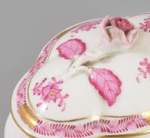 Herendi Apponyi mintás fedeles edény, jelzett, szirmon kis pattogzással, 14x10 cm