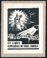 Valér Erik (1911-1945): Ex libris Szepeslőcsei dr. Engel Rudolf, 1934 (Kolozsvári Mátyás szobor ábrázolással). Klisényomat, papír, jelzett a nyomaton. Lap teteje vékony kartonra kasírozva. 8x6 cm. Ritka!