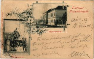 1899 Nagykároly, Carei; Főgimnázium, Kölcsey szobor. Huszty Zoltán fényképe után Eigner Simon kiadása / school, statue. Art Nouveau, floral (r)