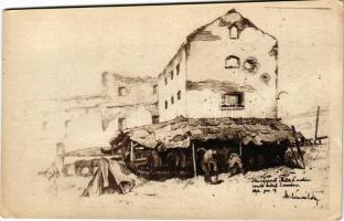 Hevenyészett istálló a romok mellett. Kiadja a m. kir. 10. honvéd gyalogezred az özvegy- és árvaalap javára. Herbst műnyomása - 46. / WWI Austro-Hungarian K.u.K. military art postcard s: Meilinger Dezső hadnagy (ferdén vágott / slant cut)