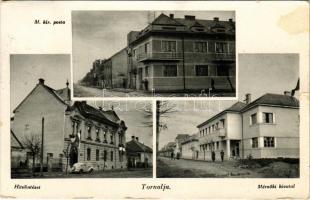 1940 Tornalja, Tornala; M. kir. posta, Hitelintézet, magyar zászló, automobil, Mérnöki hivatal, kerékpár. Poraczky László kiadása, Bussányi foto felvétele / post office, loan bank, Hungarian flag, automobile, engineering office, bicycle (fl)