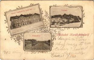 1902 Királyháza, Korolevo, Královo nad Tisou; Vasúti vendéglő és tiszti lak, Várhegy, pályaudvar, vasútállomás / railway station, restaurant and officers house, castle hill. Art Nouveau, floral (fa)