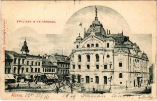 1901 Kassa, Kosice; Fő utca, Színház, Meisels Leo üzlete / theatrem square, church, shops (Rb)