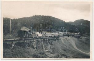 Kovászna, Covasna; faszállító iparvasút Kovászna és Komandó között a hídon, gőzmozdony, vasutasok / industrial railway transporting timber between Covasna and Comandau, locomotive, bridge, railwaymen, train