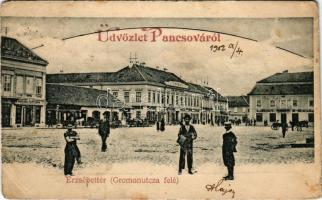 1902 Pancsova, Pancevo; Erzsébet tér (Gromon utcza felé) Modlinci cipő áruk üzlete / square, shops (gyűrődések / creases)