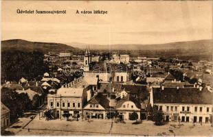 1916 Szamosújvár, Gherla; látkép, Sahin Kristóf, Frank Izsák üzlete, Takarékpénztár, Korona szálloda. Anka Sándor kiadása / general view with shops, savings bank, hotel (fa)