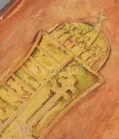 Antik vadászmintás címeres kerámia szarvashívogató, kopással, 12x15 cm