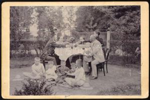 cca 1905 Családi kerti parti, keményhátú fotó, 10,5×16,5 cm