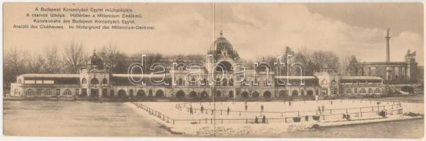 Budapest XIV. Városliget, A Budapesti Korcsolyázó Egylet műjégpályája, a csarnok látképe, háttérben ...