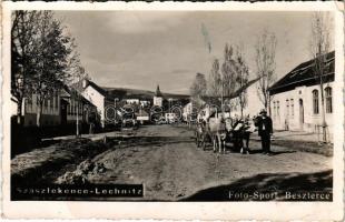1940 Szászlekence, Lekence, Lechnita; utca, templom, ökrös szekér / street view, church, ox cart. Foto Sport (Beszterce) photo (EK)