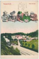 Tusnádfürdő, Baile Tusnad; Vasútállomás, gőzmozdony, vonat. Klein Antalné kiadása, montázs / railway station, locomotive, train, montage (EK)