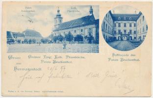 1899 Nagyszeben, Hermannstadt, Sibiu; Brukenthal palota, Római katolikus plébániatemplom, Brukenthal palota udvari homlokzata. A. von Palocsay kiadása / Palais Bruckenthal, Kath. Pfarrkirche, Hoffacade des Palais Bruckenthal / palace, courtyard facade, Catholic parish church (EK)