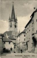 1915 Nagyszeben, Hermannstadt, Sibiu; Hundsrücken / utca, evangélikus templom. Georg Meyer kiadása / street view, Lutheran church (EK)