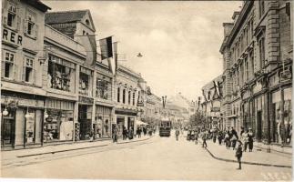 1911 Nagyszeben, Hermannstadt, Sibiu; Disznódi utca, villamos, Meltzer, Breckner üzlete. Kunstanstalt Jos. Drotleff / Heltauergasse / street view, tram, shops
