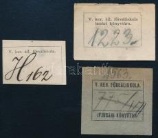 3 db könyvjegy/ex libris, 1900 körül: V. ker. áll. főreáliskola. V. ker főreáliska, ifjusági könyvtár. V. ker áll. főreáliskola tanári könyvtára. Nyomat, papír, jelzés nélkül. 2x3 cm körüli méretekben.