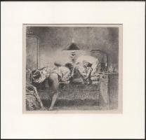 Zichy Mihály (1827-1906): Erotikus jelenet. Nyomat, papír, jelzés nélkül, javított szakadással, paszpartuban, 15×17 cm