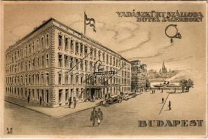 Budapest V. Hotel Vadászkürt szálloda grafikai reklámlapja, automobil, gőzhajó, magyar zászló. Türr ...