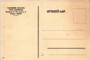 Budapest V. Hotel Vadászkürt szálloda grafikai reklámlapja, automobil, gőzhajó, magyar zászló. Türr ...