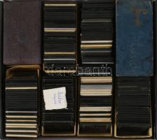 Egy tömött doboznyi dia az 1940-1950-es évekből, nagyrészt színes családi képek és kirándulások képei. Több száz darab