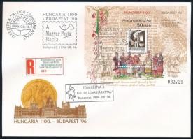 1996 9 db ajánlott boríték a Hungária 1100 Bélyegkiállítás blokkjával, alkalmi bélyegzéssel, lovasjárattal továbbítva (9.000)