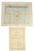 1917 Szatmárnémeti (Satu Mare), elemi népiskolai tanítónői oklevél, rajta Szentgyörgyi Jordán Károly (1849-1927) kanonok, pápai prelátus, címzetes apát, Breyer István (1880-1940) országgyűlési képviselő, miniszteri biztos, későbbi győri püspök és mások aláírásával, sérülésekkel, foltokkal, 39,5x49 cm + 1941 Szeged, Állami Polgári Iskolai Tanárképző Főiskola által kiállított bizonyítvány, aláírásokkal