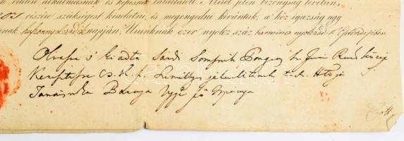 1838 Pest, I. Ferdinánd nevében ügyvéd számára kiállított oklevél, hiányzó viaszpecsét, szakadásokka...