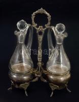 Szecessziós ezüstözött olaj-ecet kínáló szett, csiszolt üvegekkel, m: 26 cm