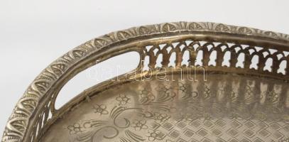 Keleti ezüstözött asztalközép kínálótálca, jelzett, 43x28 cm