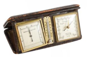 Antik utazó barometer-hőmérő, tokban, 15x8 cm