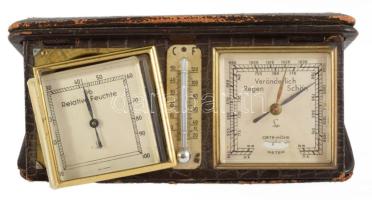 Antik utazó barometer-hőmérő, tokban, 15x8 cm
