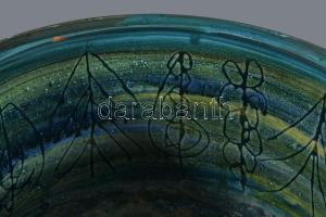 Laborcz Mónika (1941-): mázas kerámia kaspó, jelzett, apró pattogzással m: 15 cm, d: 22 cm