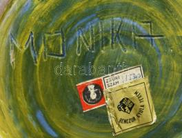 Laborcz Mónika (1941-): mázas kerámia kaspó, jelzett, apró pattogzással m: 15 cm, d: 22 cm