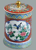 Kantoni kínai zománcozott fedeles edény, zománchibával, m: 12 cm