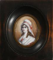 Antik festett női portré miniatúra, keretben, 11x10 cm