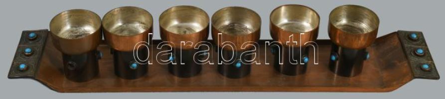 cca 1960/80 Iparművész pálinkás szett tálcán, h: 43 cm, m: 6 cm