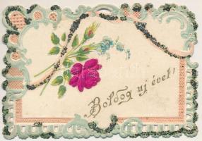 Boldog új évet! Szecessziós dombornyomott üdvözlő kártya hímzett virággal és csillám díszítéssel / N...