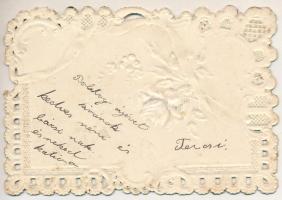 Boldog új évet! Szecessziós dombornyomott üdvözlő kártya hímzett virággal és csillám díszítéssel / N...