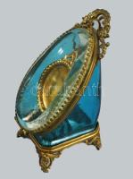 cca 1900 Réz szerelékes kéküveg zsebóra tartó, m: 11,5 cm