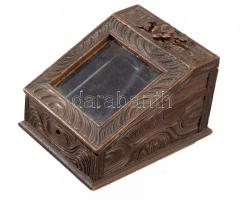 Antik faragott fa zsebóra tartó, 10x7 cm