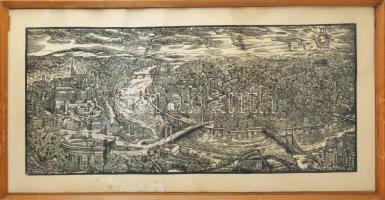 Varga Mátyás (1910-2002) Budapesti panoráma, 1965-67. Fametszet, papír, jelzett a metszeten. Lapszéli ázásnyommal. Üvegezett fakeretben. 40 x 90 cm.