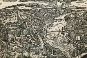 Varga Mátyás (1910-2002) Budapesti panoráma, 1965-67. Fametszet, papír, jelzett a metszeten. Lapszél...