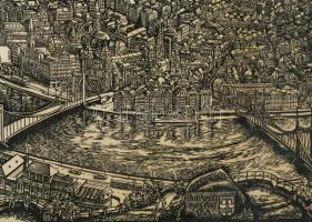 Varga Mátyás (1910-2002) Budapesti panoráma, 1965-67. Fametszet, papír, jelzett a metszeten. Lapszél...