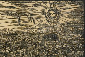 Varga Mátyás (1910-2002) Budapesti panoráma, 1965-67. Fametszet, papír, jelzett a metszeten. Lapszél...