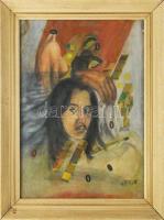 Jelzés nélkül: Szürrealista kompozíció, 1983-85. Vegyes technika, papír. Ázásnyommal. Üvegezett, kissé sérült fakeretben. 50x35,5 cm.